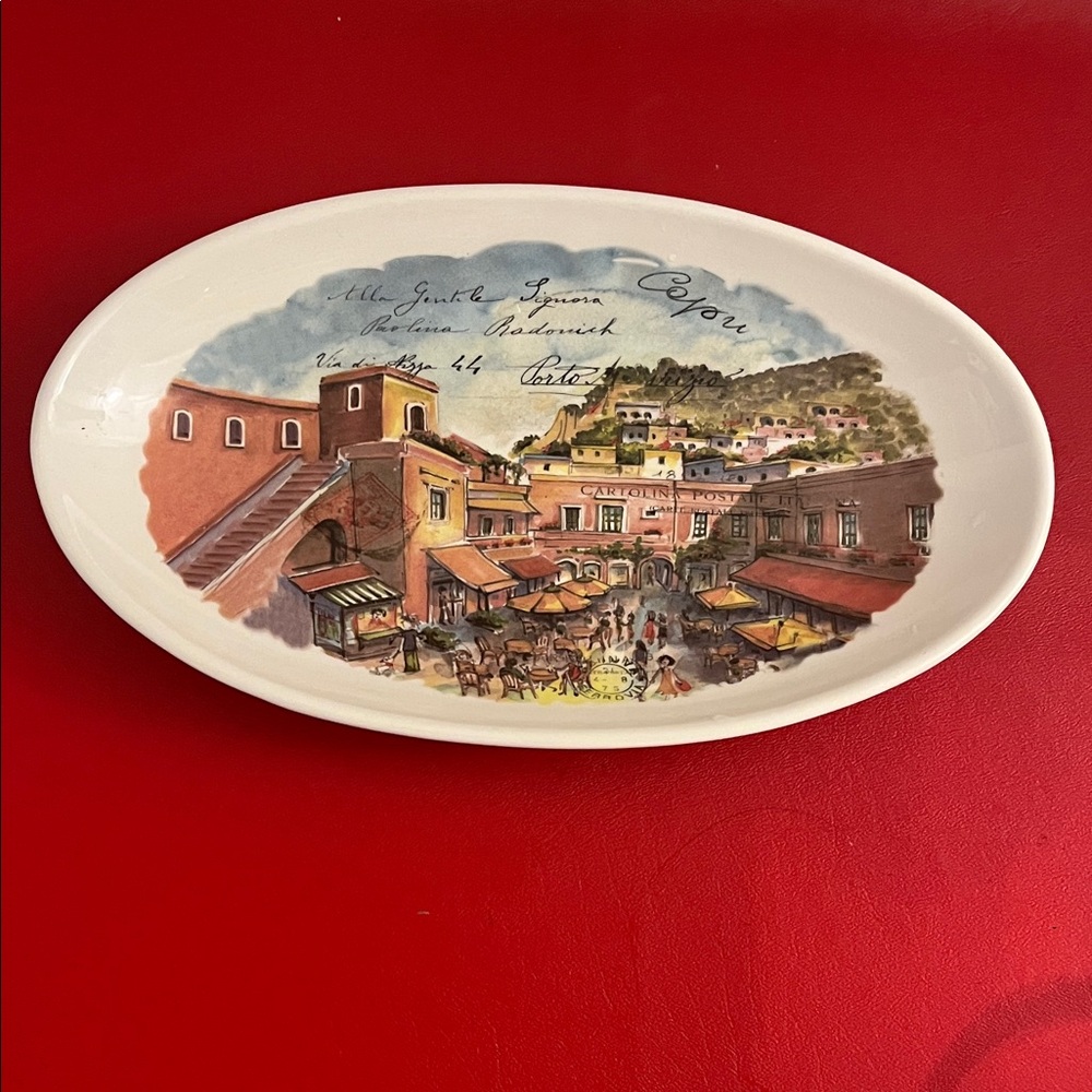 VTG.Oval Italian serving plate 10”L 6.9”W with beautiful scenery of small tow